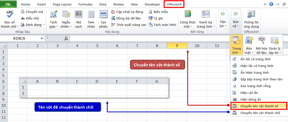 Chuyển tên cột thành số trong excel