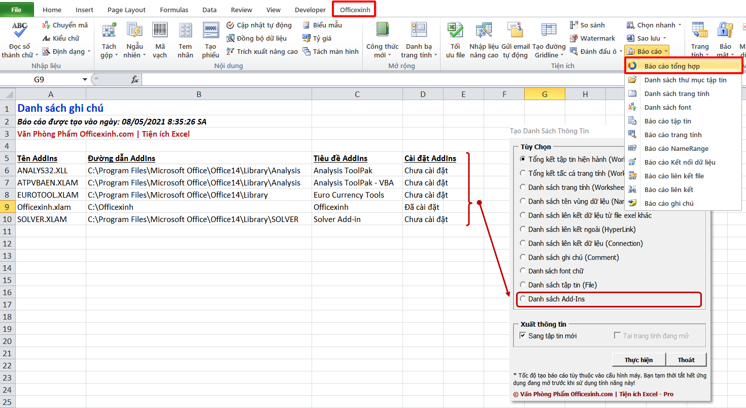 Tạo danh sách addins trong Excel