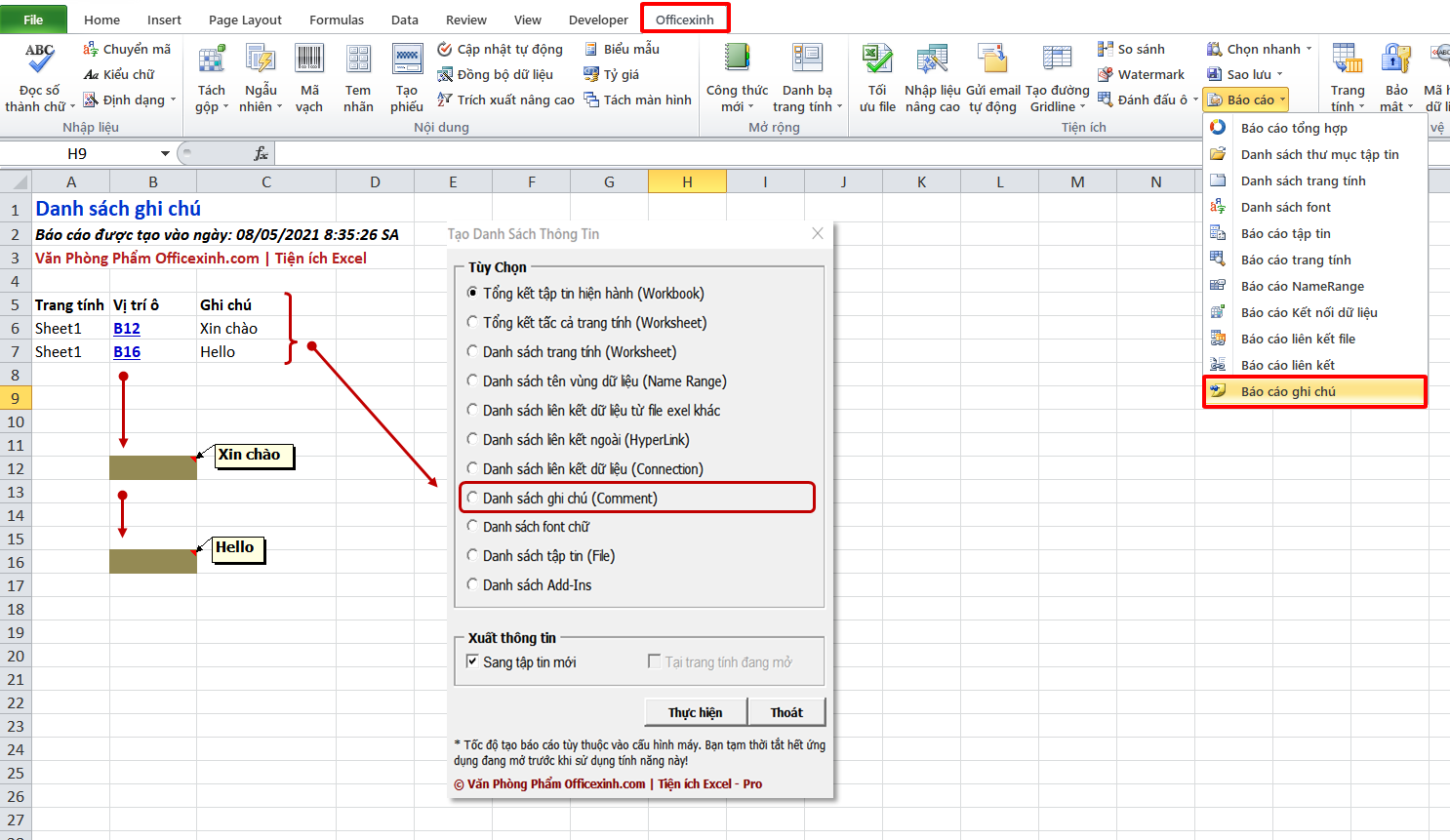 Tạo danh sách ghi chú trong Excel